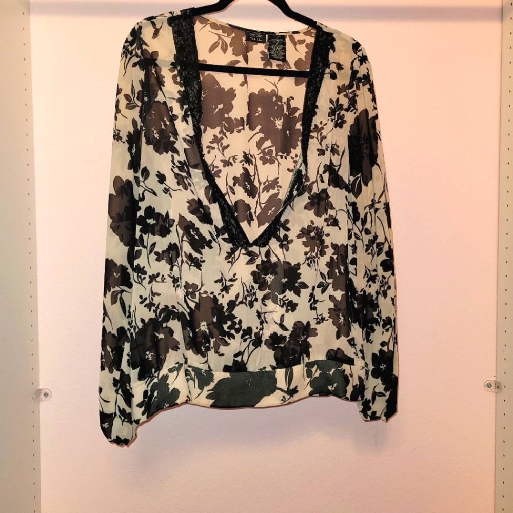 Floral Black and Cream Rhinestone Blouse
